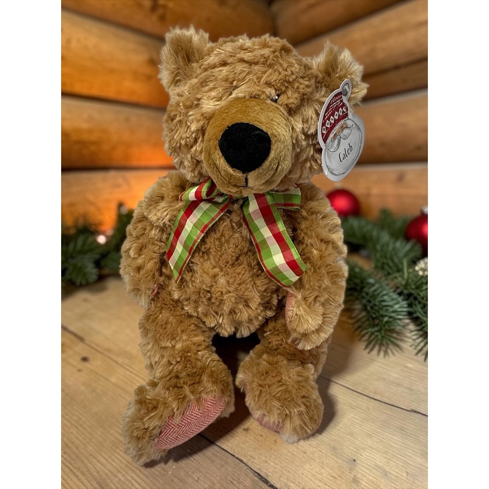 Pier 1 Imports Caleb Teddy Bear 2018 Tan 15" Holiday Plaid Bow Shaggy Plush